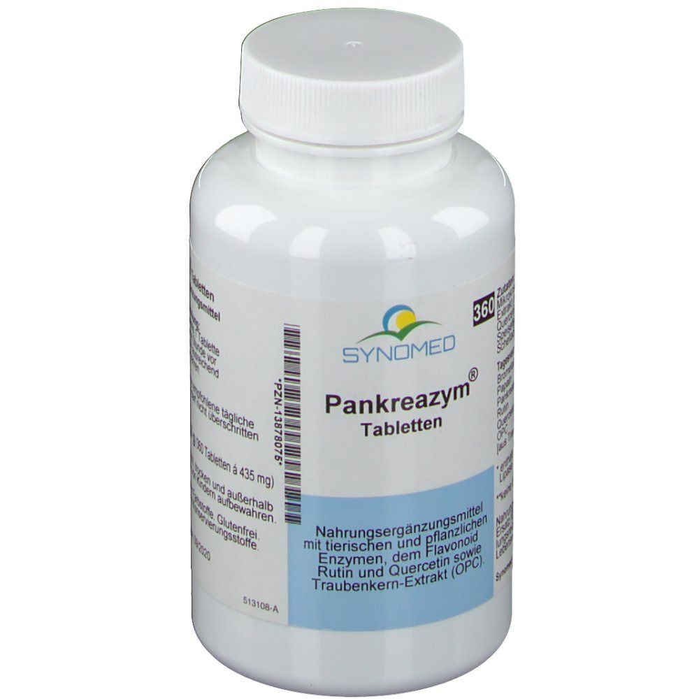 Weiße Flasche mit Schraubverschluss. Aufschrift: SYNOMED, Pankreazym Tabletten. Nahrungsergänzungsmittel.