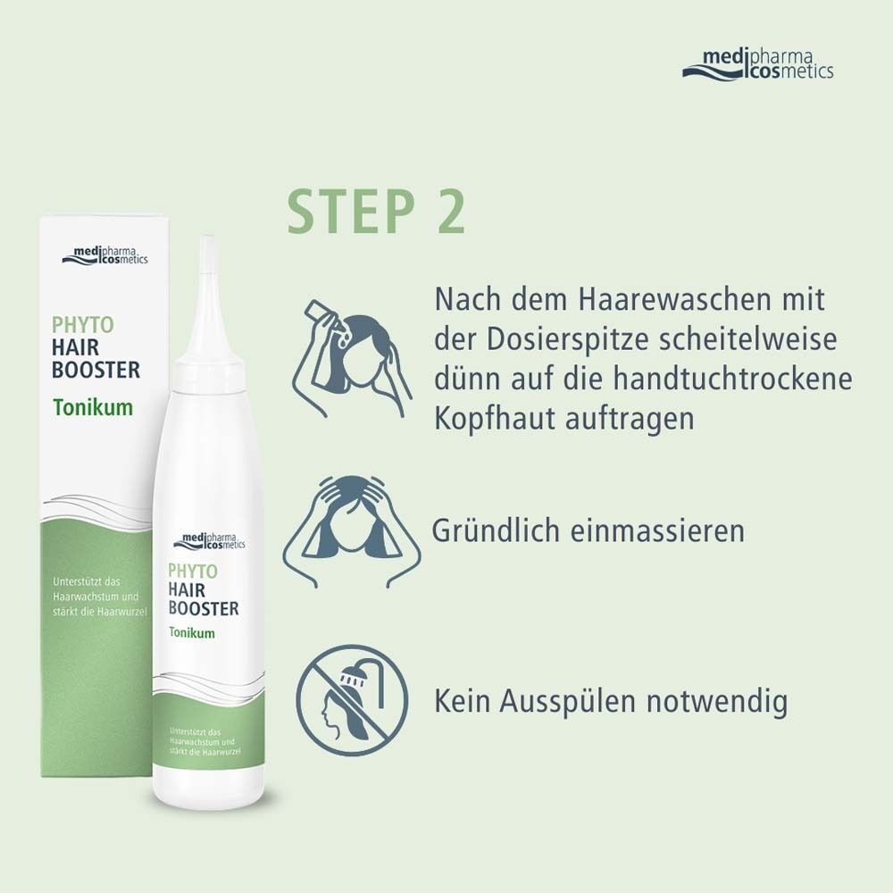 Grafik: Schritt 2. Anwendung des Phyto Hair Booster Tonikum nach dem Waschen. Auf die Kopfhaut auftragen und einmassieren.
