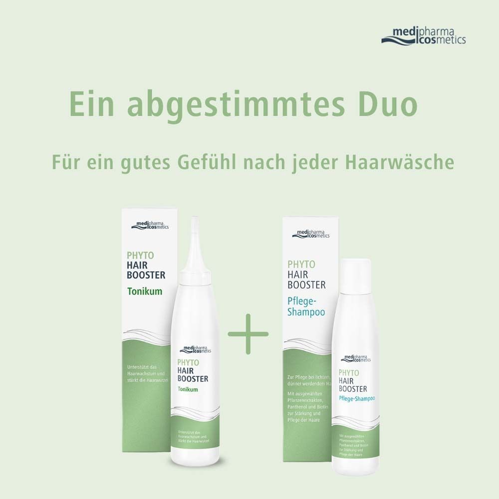 Grafik: Ein abgestimmtes Duo. Phyto Hair Booster Tonikum und Pflege-Shampoo.