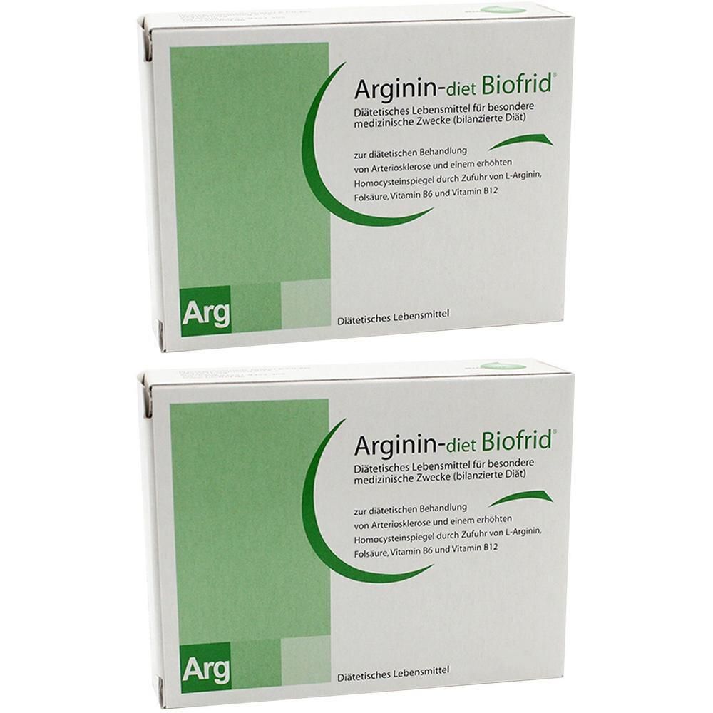 Zwei weiße Kartons mit grünen Akzenten. Aufschrift: Arginin-diet Biofrid. Text in deutscher Sprache. Diätetisches Lebensmittel.