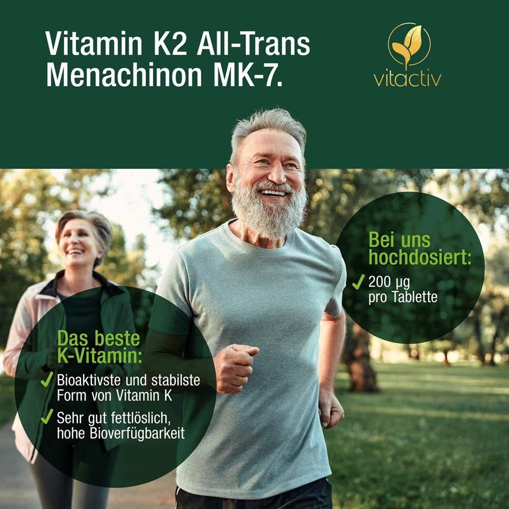 Mann und Frau joggen. Text: Vitamin K2 All-Trans Menachinon MK-7. Marke: vitactiv. Text: 200 µg pro Tablette.