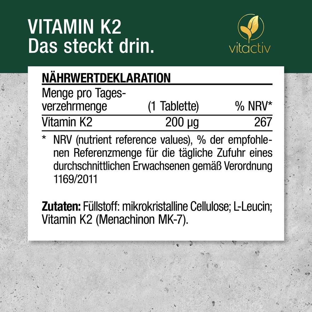 Nährwertdeklaration für Vitamin K2 Tabletten. 200 µg pro Tablette. Marke: vitactiv.