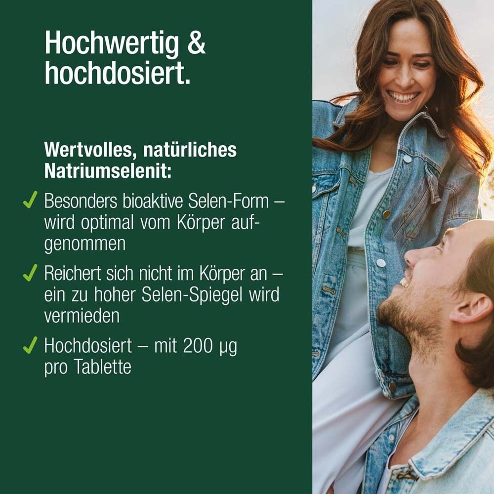Text: "Hochwertig & hochdosiert." Aufzählungspunkte über Natriumselenit. Zwei Personen lächeln.