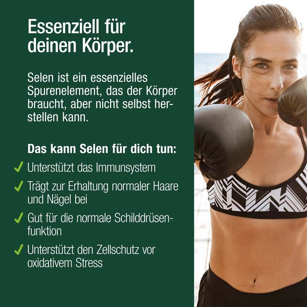 Text: "Essentiell für deinen Körper." Aufzählungspunkte über Selen. Frau in Sportkleidung.