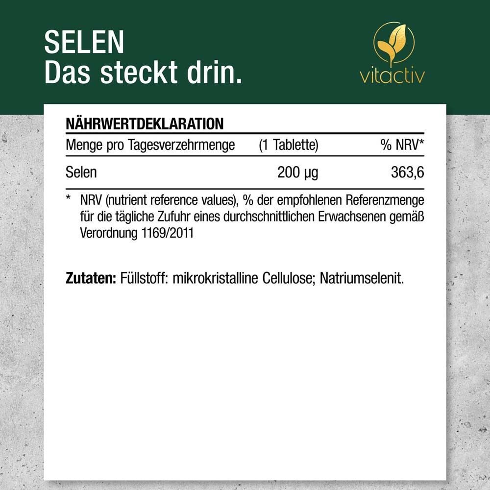 Nährwertdeklaration für Selen. Menge pro Tablette: 200 µg. Zutaten: mikrokristalline Cellulose, Natriumselenit.