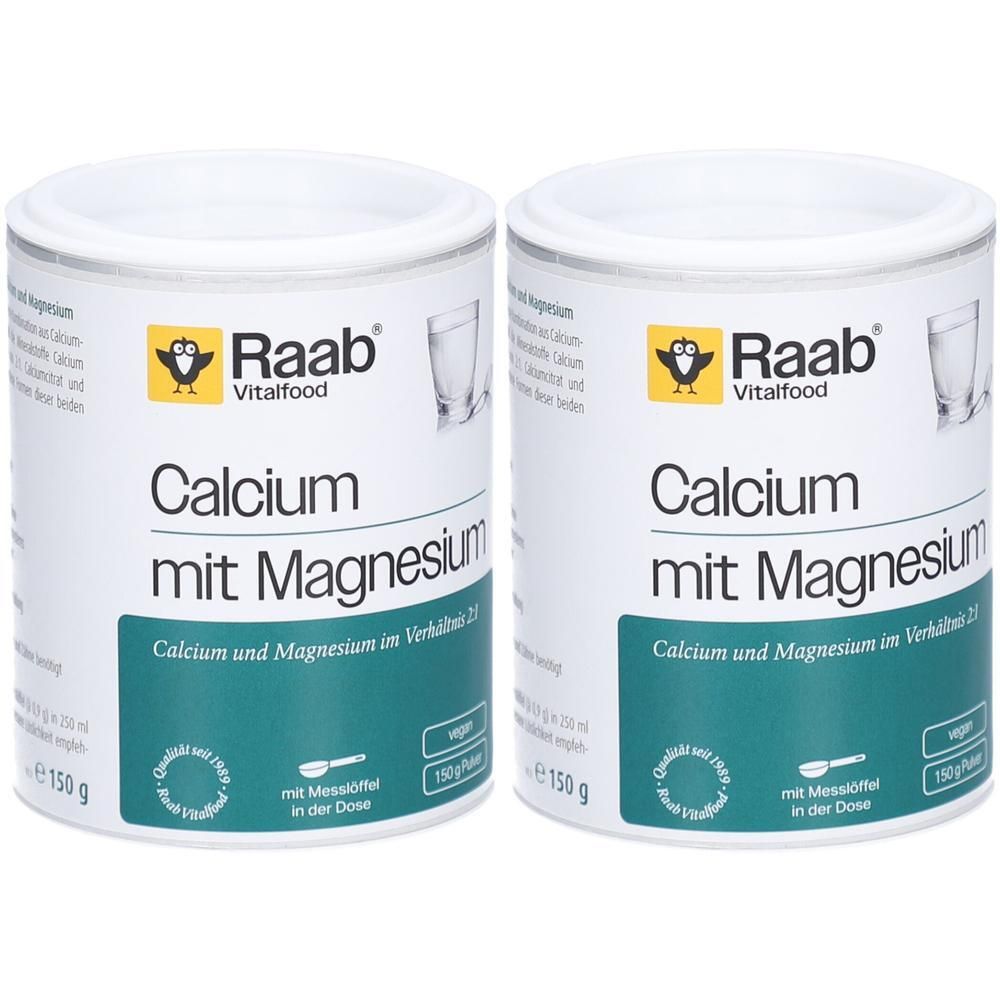 Zwei Dosen Raab Vitalfood Calcium mit Magnesium Pulver, je 150g.
