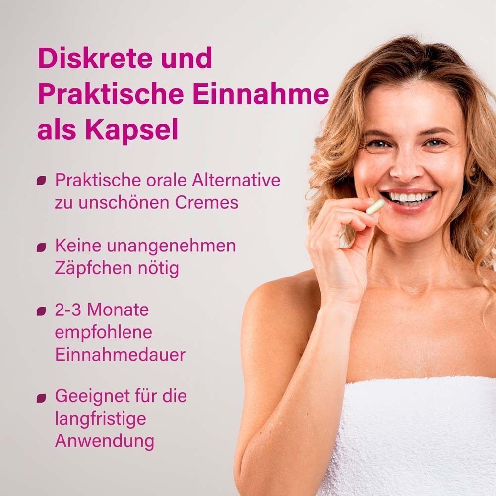 Lächelnde Frau hält Kapsel. Text: Diskrete und praktische Einnahme als Kapsel. Praktische orale Alternative.