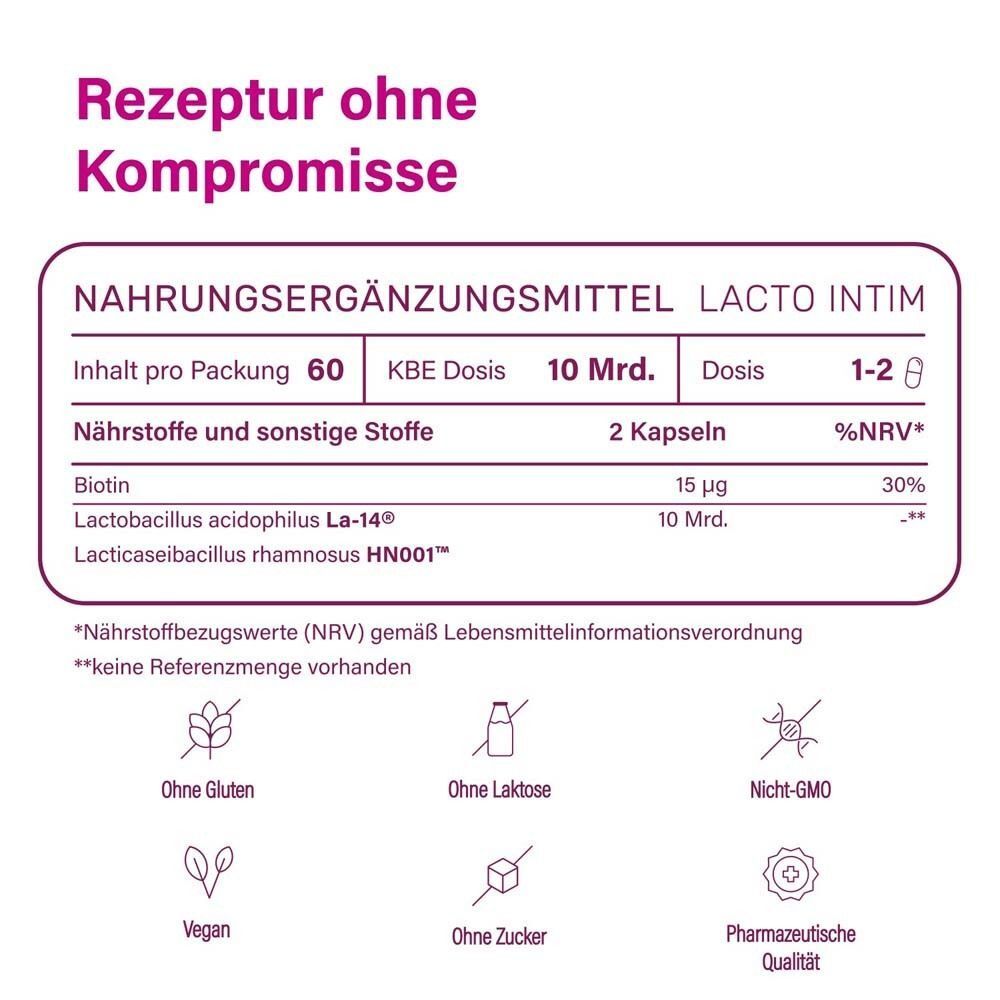 Nahrungsergänzungsmittel LACTO INTIM. Tabelle: 60 Kapseln, 10 Mrd. Dosis, 1-2 Kapseln. Inhaltsstoffe: Biotin, Lactobacillus La-14®.