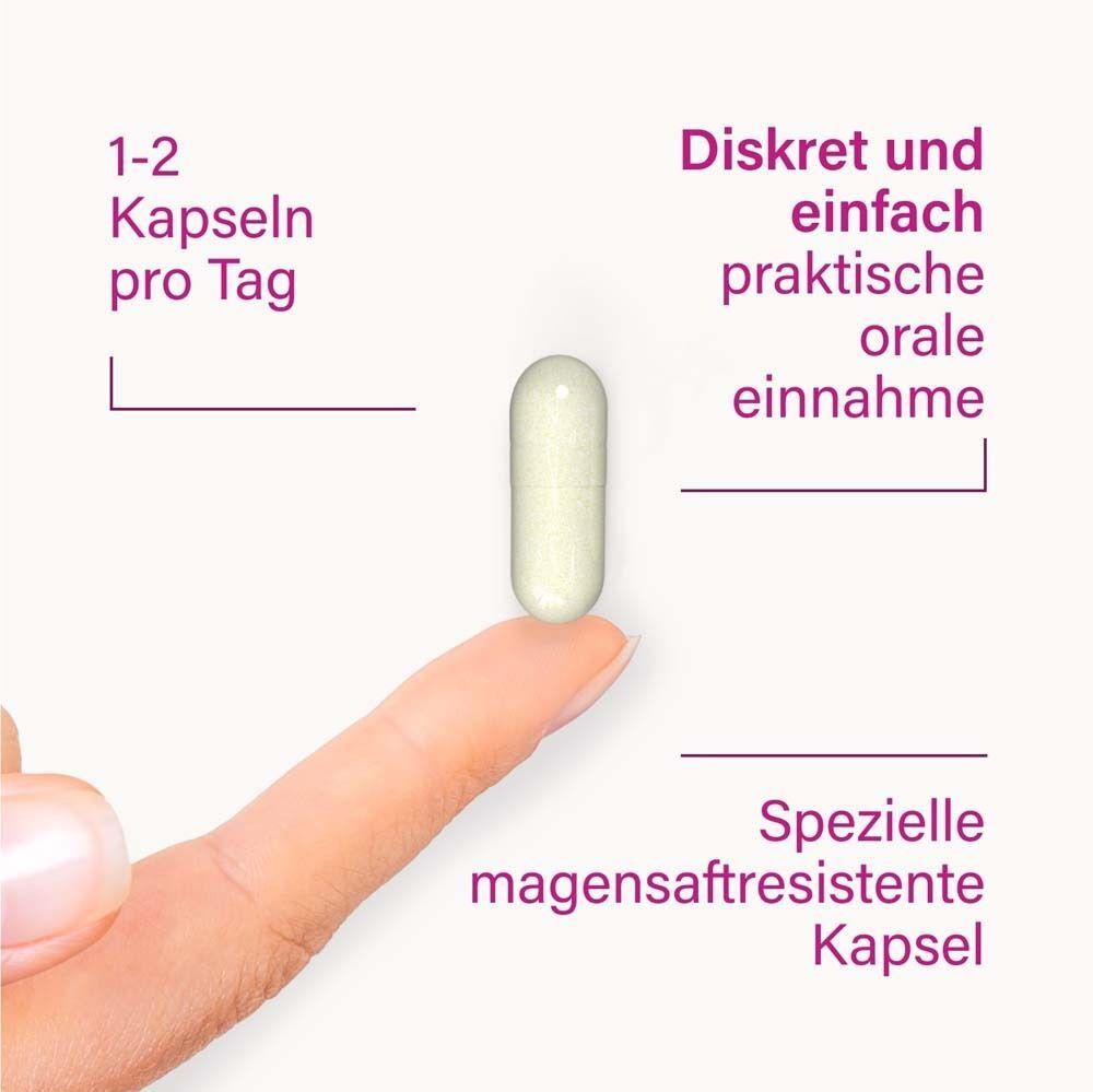 Kapsel auf Finger. Text: 1-2 Kapseln pro Tag. Spezielle magensaftresistente Kapsel. Diskrete und einfache orale Einnahme.