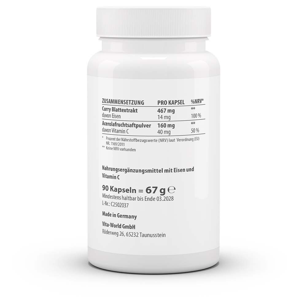 Weiße Flasche mit Etikett. Aufschrift: VitaWorld Curry Blattextrakt mit Eisen und C. Nährwertangaben pro Kapsel. 90 Kapseln.