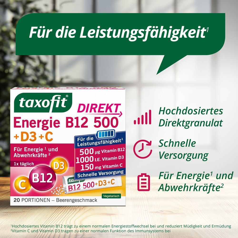 Packung TAXOFIT Energie B12 500+D3+C Direkt Granulat. Text: Hochdosiertes Direktgranulat, schnelle Versorgung, für Energie und Abwehrkräfte.