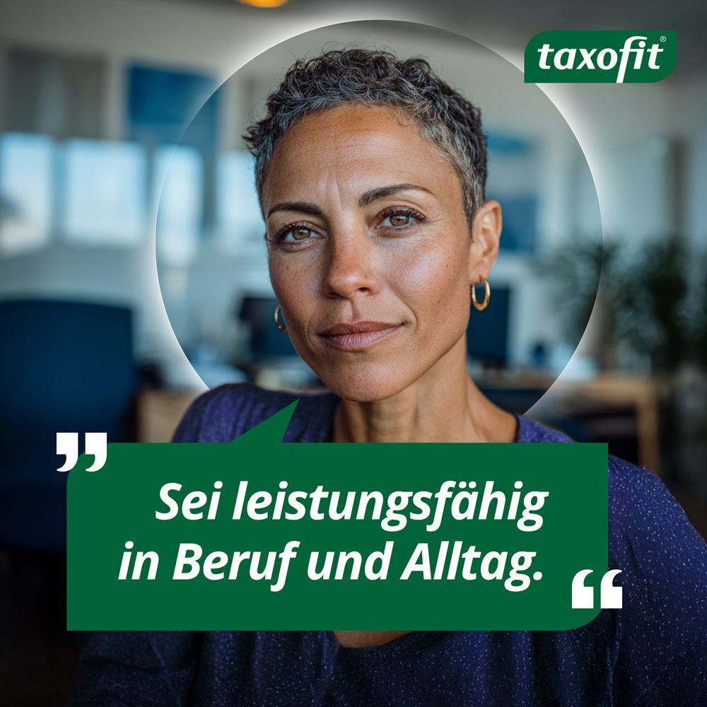 Porträt einer Frau mit Text: Sei leistungsfähig in Beruf und Alltag. Im Hintergrund ein Büro.