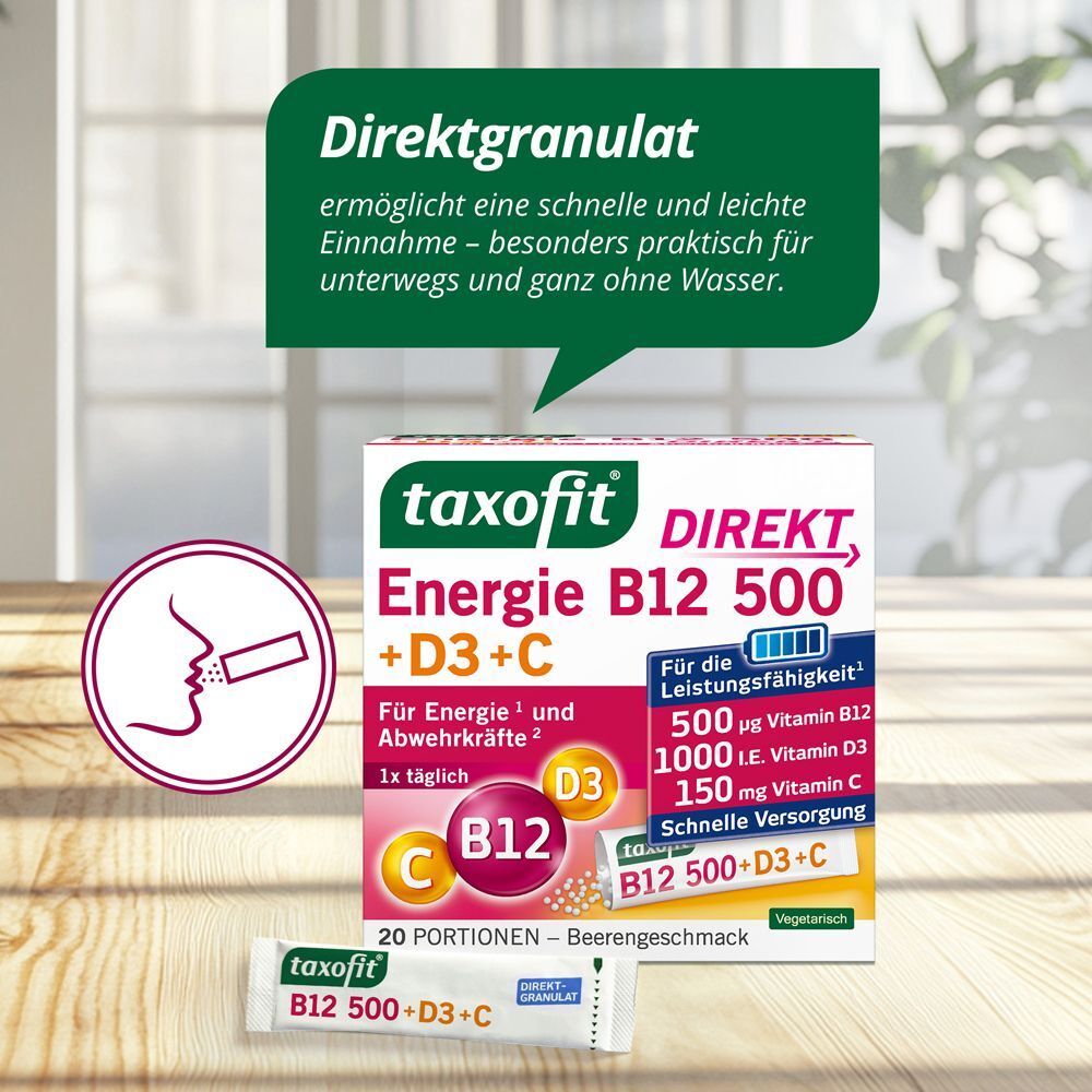 Packung TAXOFIT Energie B12 500+D3+C Direkt Granulat und ein Portionsbeutel. Text: Direktgranulat, schnelle und leichte Einnahme.
