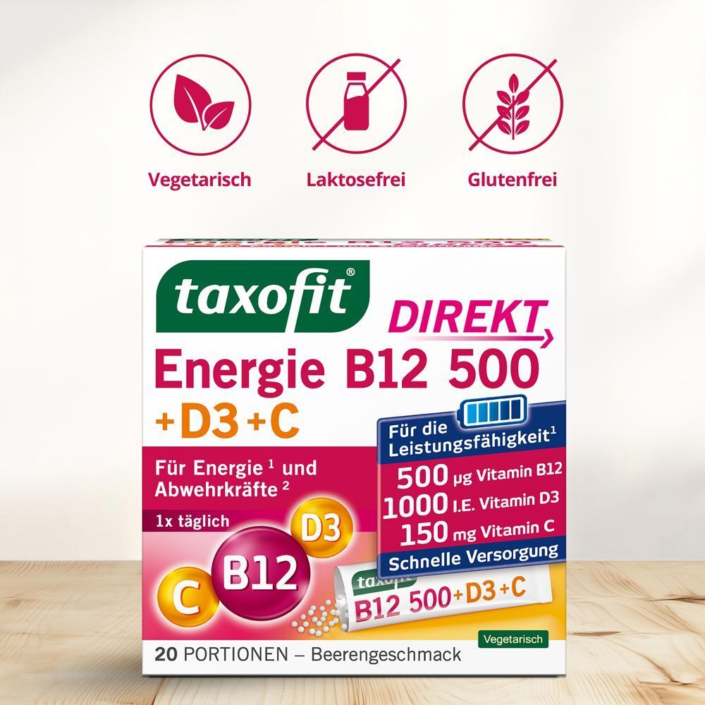 Packung TAXOFIT Energie B12 500+D3+C Direkt Granulat. Text: Vegetarisch, laktosefrei, glutenfrei. Aufdrucke: B12, D3, C.