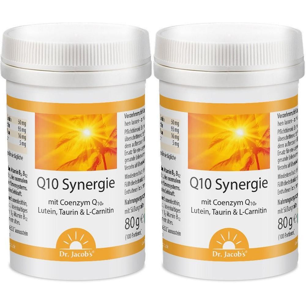 Zwei weiße Dosen mit gelbem Etikett. Aufschrift: Q10 Synergie, Dr. Jacob's. Enthält Lutein, Taurin, L-Carnitin. 80g.