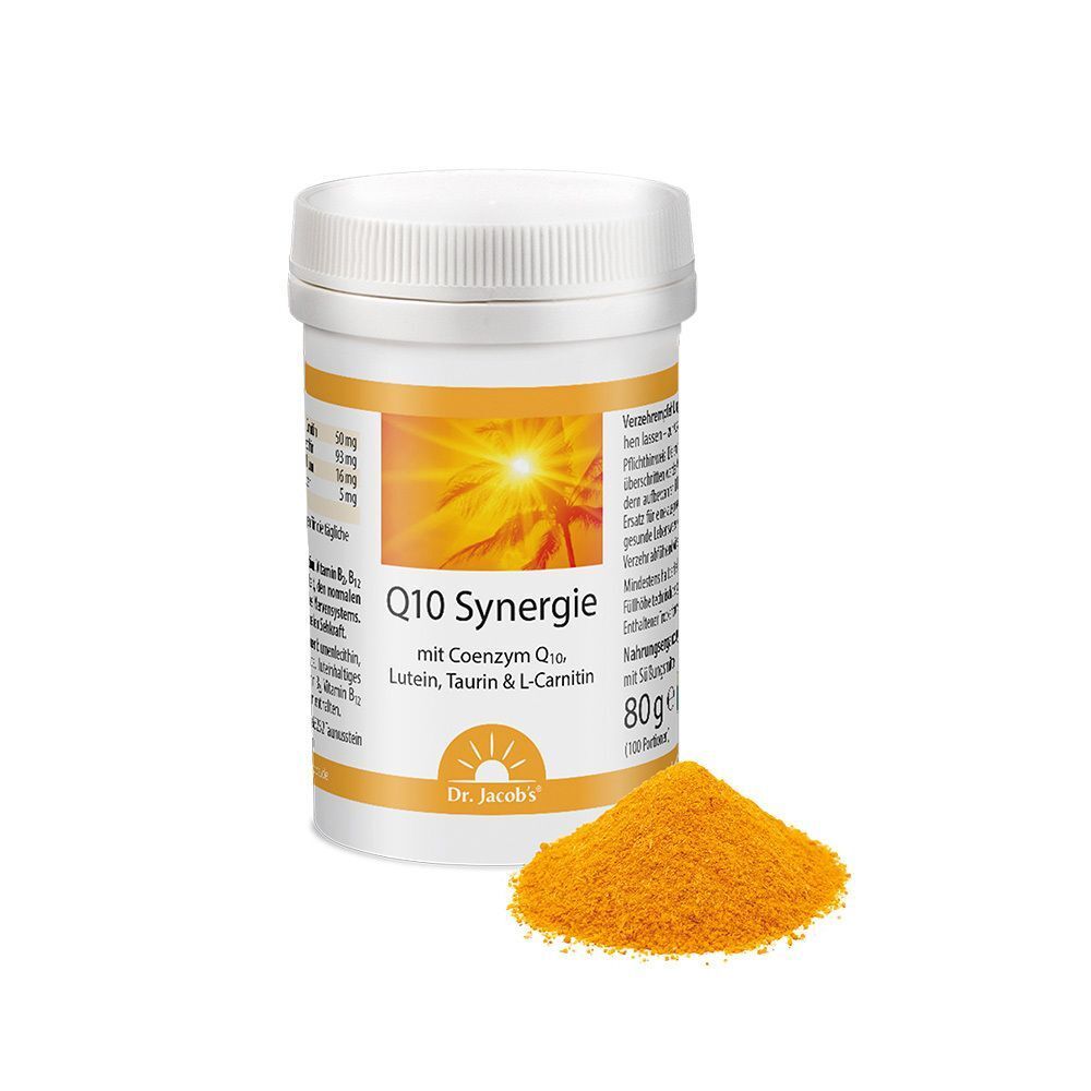 Weiße Dose mit gelbem Etikett. Aufschrift: Q10 Synergie, Dr. Jacob's. Enthält Lutein, Taurin, L-Carnitin. 80g. Daneben gelbes Pulver.