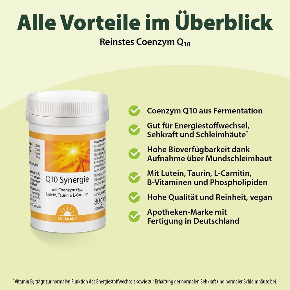 Weiße Dose mit gelbem Etikett. Aufschrift: Q10 Synergie, Dr. Jacob's. Enthält Lutein, Taurin, L-Carnitin. 80g. Text: Vorteile im Überblick.