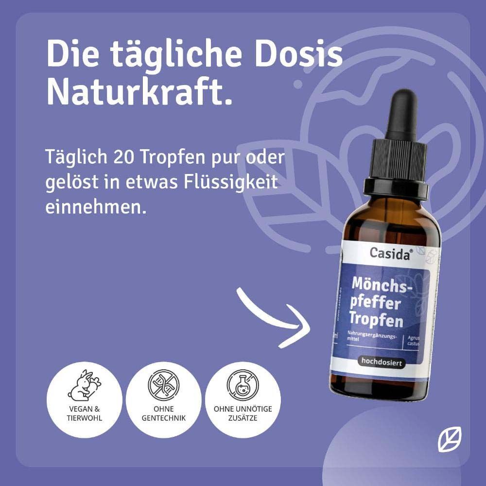 Casida Mönchspfeffer Tropfen Flasche mit Pipette. "Vegan & Tierwohl", "Ohne Gentechnik", "Ohne Zusätze".