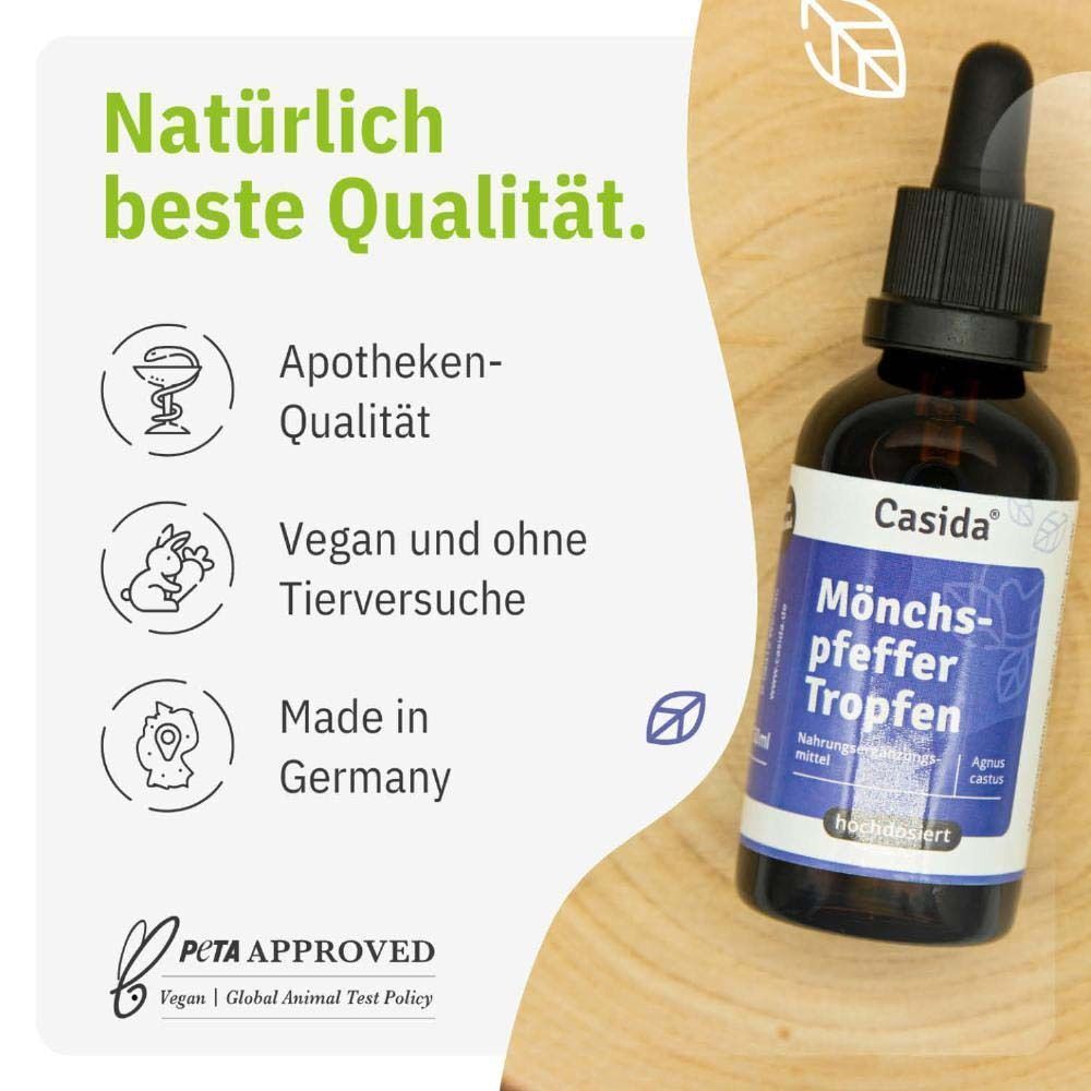 Casida Mönchspfeffer Tropfen Flasche mit Pipette. "Apotheken-Qualität", "Vegan und ohne Tierversuche", "Made in Germany".