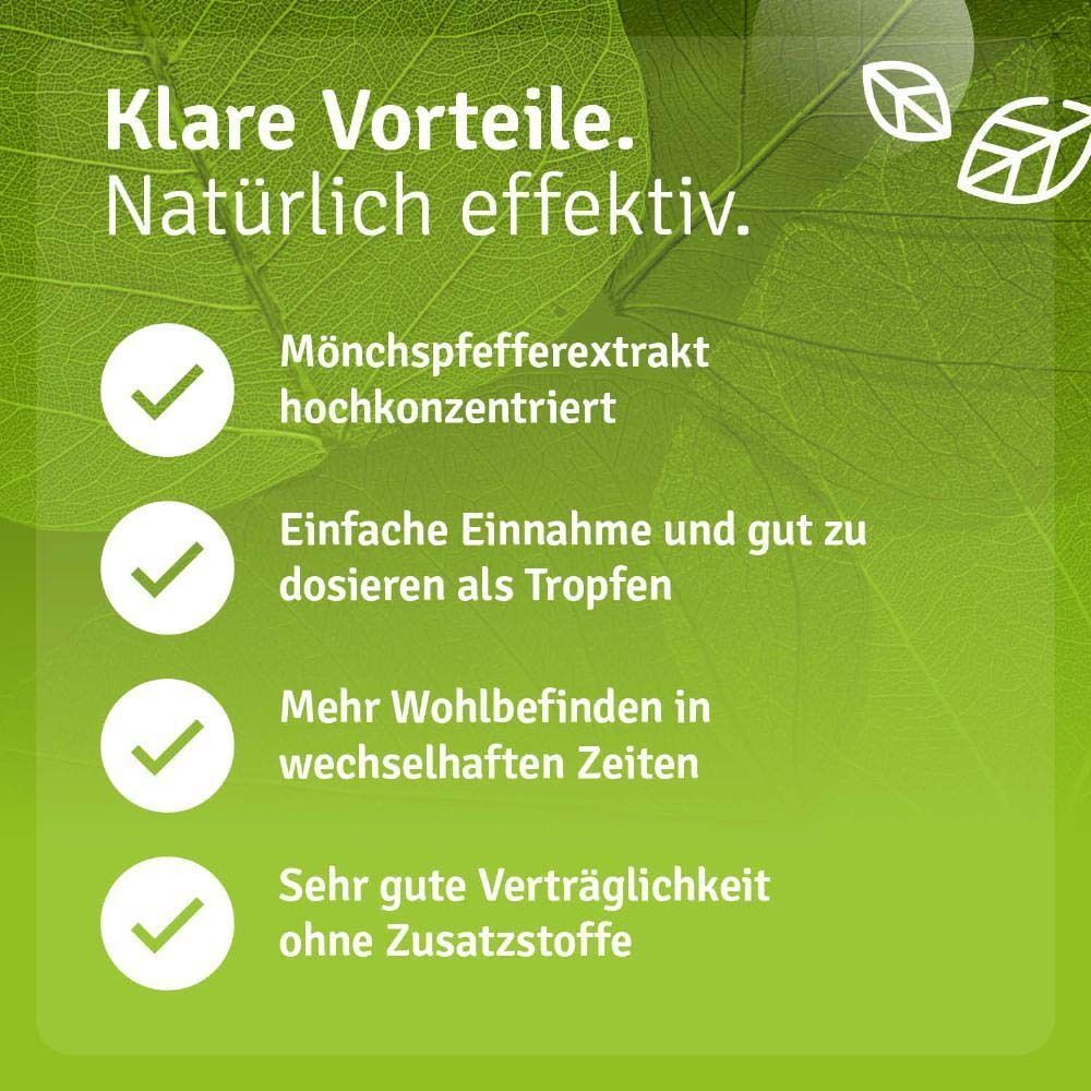 Casida Mönchspfeffer Tropfen Flasche mit Pipette. "Hochkonzentriert", "Einfache Einnahme", "Mehr Wohlbefinden".