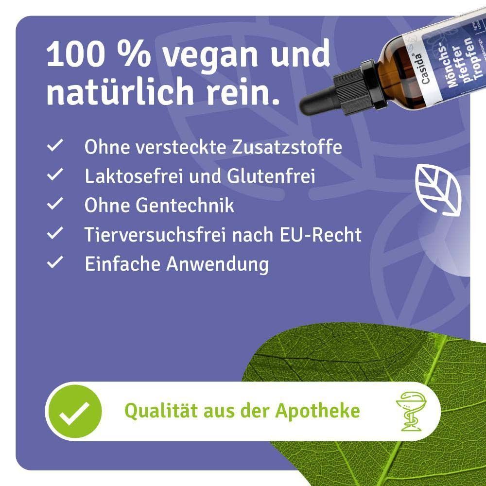 Casida Mönchspfeffer Tropfen Flasche mit Pipette. "100 % vegan", "Laktosefrei", "Ohne Gentechnik", "Tierversuchsfrei".