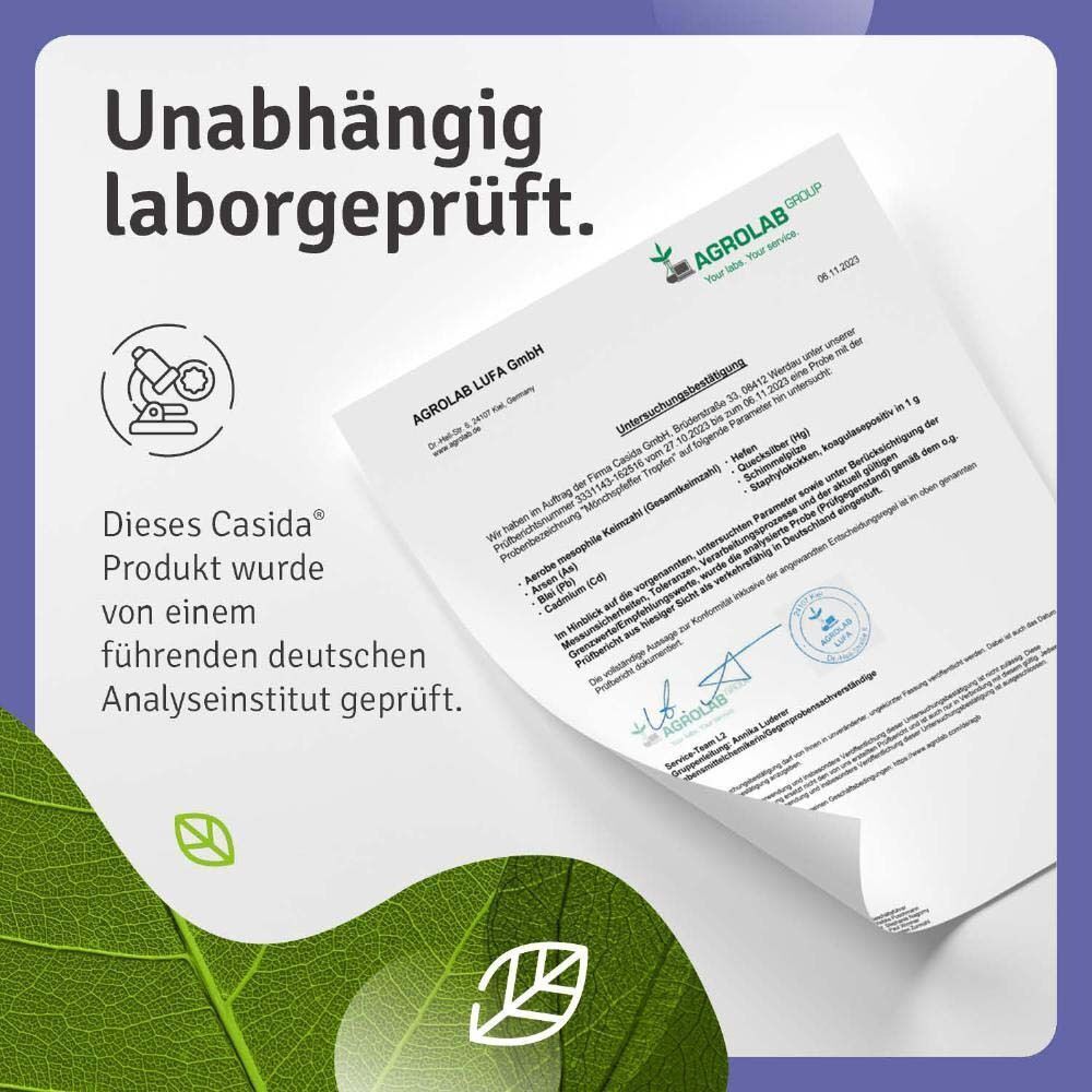 Casida Mönchspfeffer Tropfen Flasche mit Pipette und Prüfbericht von AGROLAB.