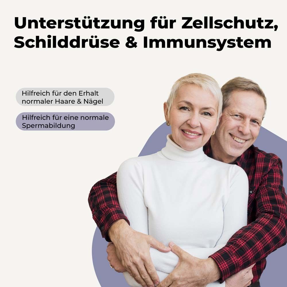 Ein älteres Paar lächelt. Text: Unterstützung für Zellschutz, Schilddrüse & Immunsystem. Hilfreich für Haare & Nägel, Spermien.