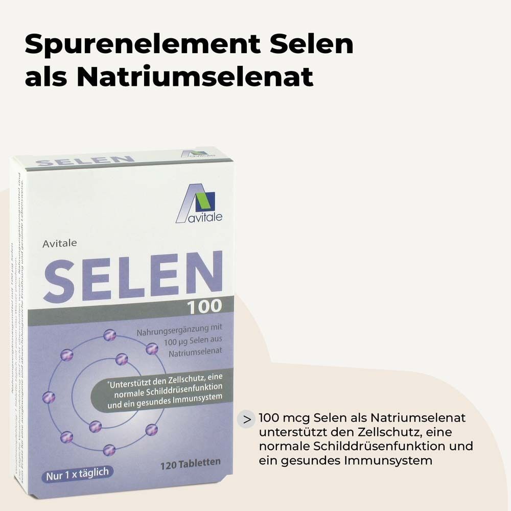 Avitale Selen 100 Packung. Text: Spurenelement Selen als Natriumselenat. Unterstützt Zellschutz, Schilddrüsenfunktion, Immunsystem.