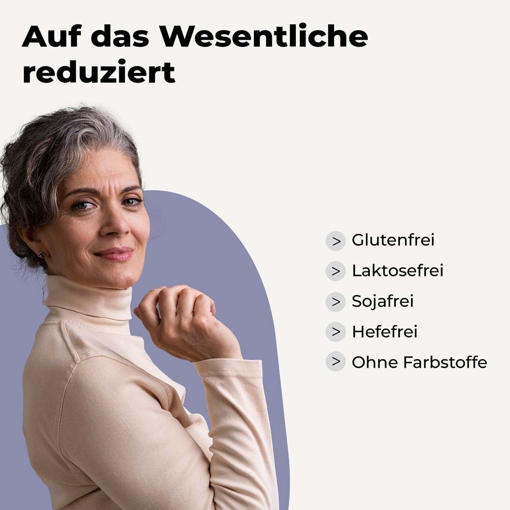 Eine Frau lächelt. Text: Glutenfrei, laktosefrei, sojafrei, hefefrei, ohne Farbstoffe.