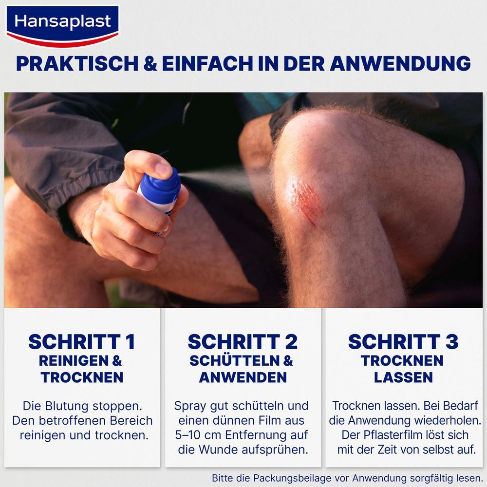 Anwendungsschritte für Hansaplast Sprühpflaster: Reinigen, Sprühen, Trocknen lassen.