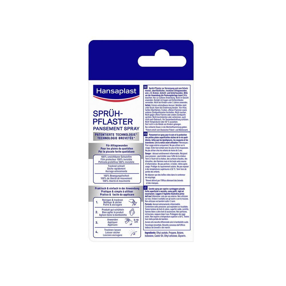 Rückseite der Hansaplast Sprühpflaster-Verpackung mit Anwendungshinweisen und Produktinformationen.