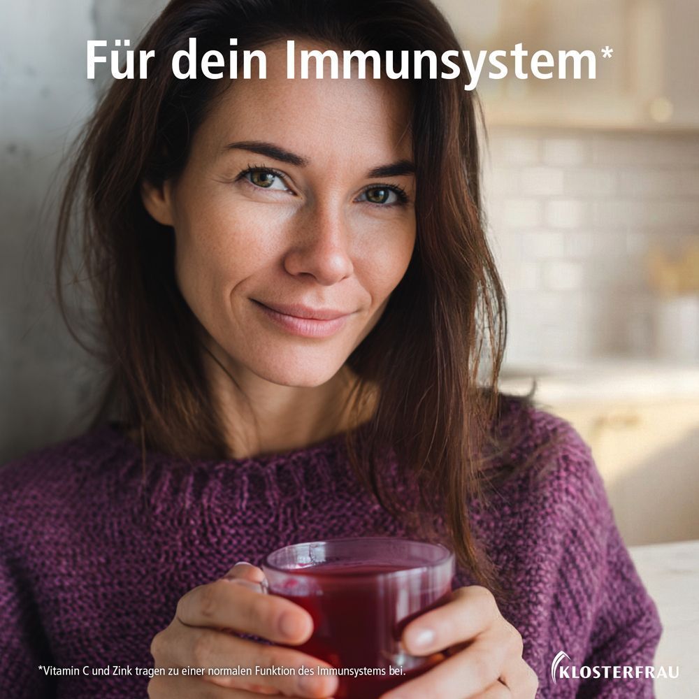 Frau hält ein Glas mit rotem Getränk. Text: Für dein Immunsystem. KLOSTERFRAU Logo.