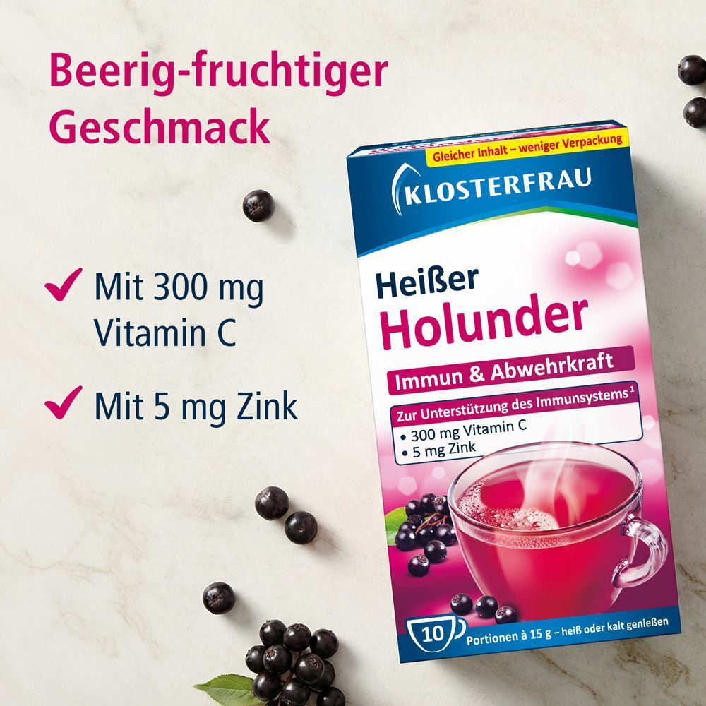 Packung KLOSTERFRAU Heißer Holunder. Text: Mit 300 mg Vitamin C, mit 5 mg Zink. Holunderbeeren.