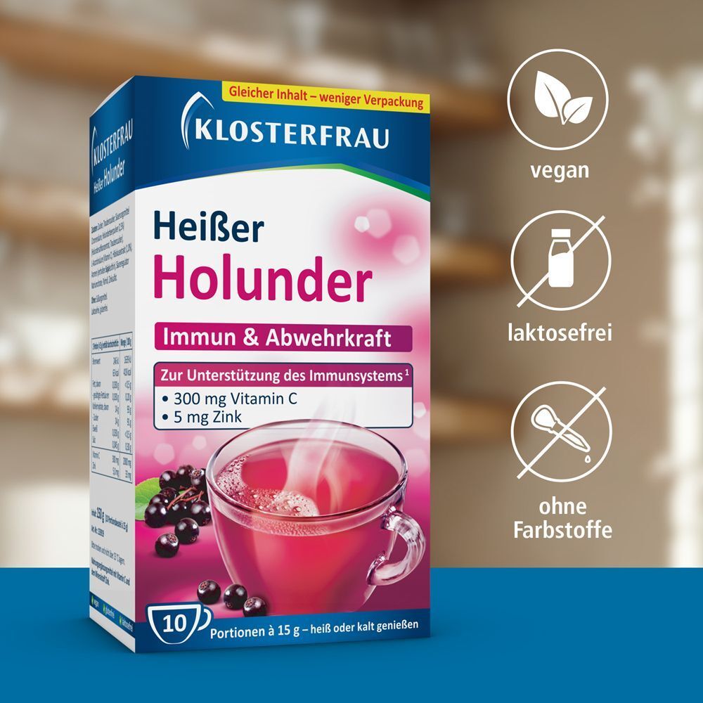 Packung KLOSTERFRAU Heißer Holunder. Text: Immunität & Abwehrkraft, 300 mg Vitamin C, 5 mg Zink. Vegan, laktosefrei, ohne Farbstoffe.