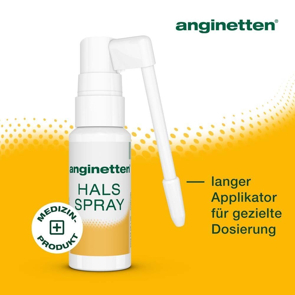 Eine Flasche anginetten® HALS SPRAY mit Sprühaufsatz. Auf der Flasche ist das Logo und der Schriftzug HALS SPRAY zu sehen. Daneben ein Text.