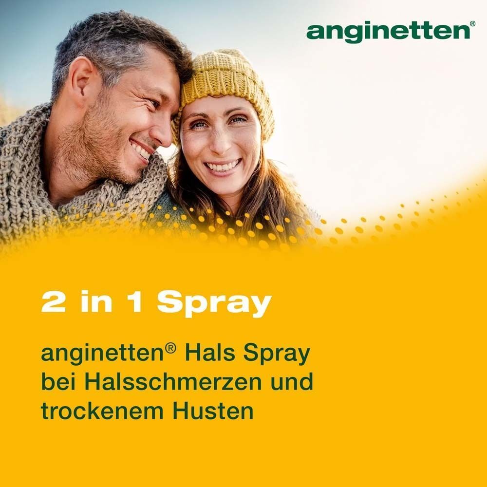 Ein Paar lächelt in die Kamera. Im Hintergrund ist ein gelber Hintergrund mit dem Logo anginetten® und dem Schriftzug 2 in 1 Spray zu sehen.