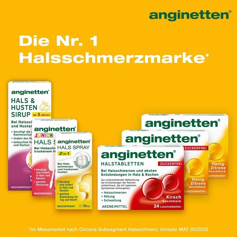 Verschiedene anginetten® Produkte auf gelbem Hintergrund. Die Nr. 1 Halsschmerzmarke.