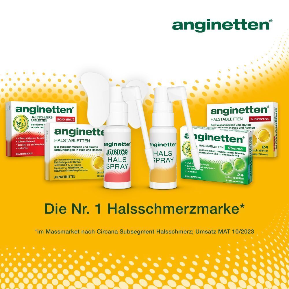 Verschiedene anginetten® Produkte auf gelbem Hintergrund. Die Nr. 1 Halsschmerzmarke.