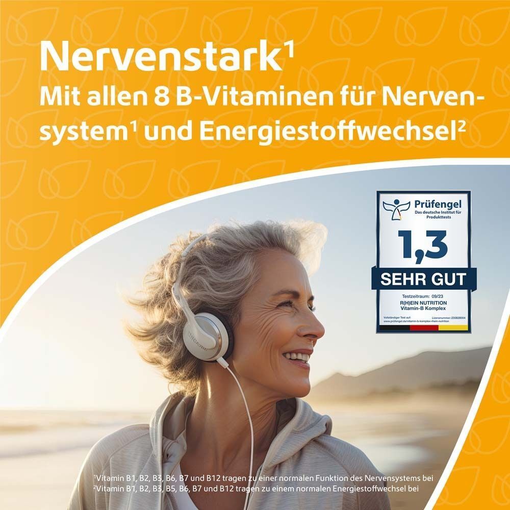 Frau mit Kopfhörern lächelt, mit Text über B-Vitamine für Nerven und Energiestoffwechsel. Prüfsiegel 'Sehr gut'.