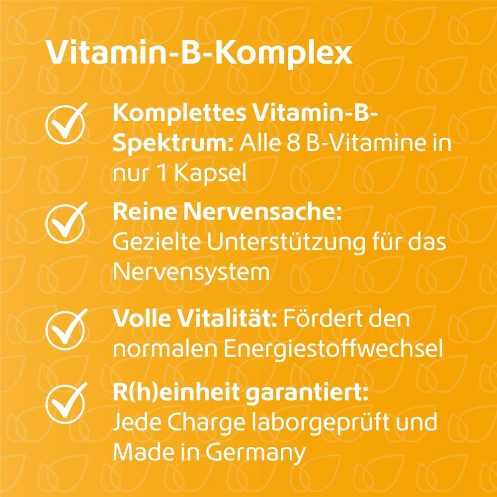 Detailansicht des R(h)ein Nutrition Vitamin-B-Komplex Etiketts mit Stichpunkten zu Inhaltsstoffen und Qualität.