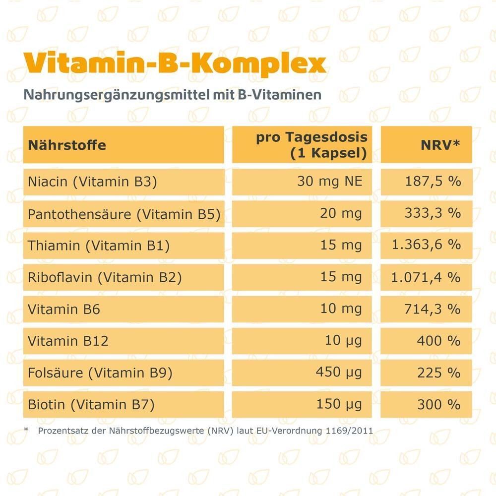 Tabelle mit Nährstoffen und pro Tagesdosis (1 Kapsel) des R(h)ein Nutrition Vitamin-B-Komplex.