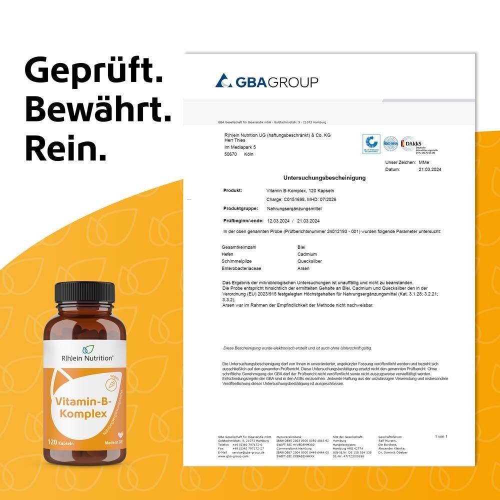 R(h)ein Nutrition Vitamin-B-Komplex Flasche neben einem Prüfbericht von GBA GROUP mit Siegeln.