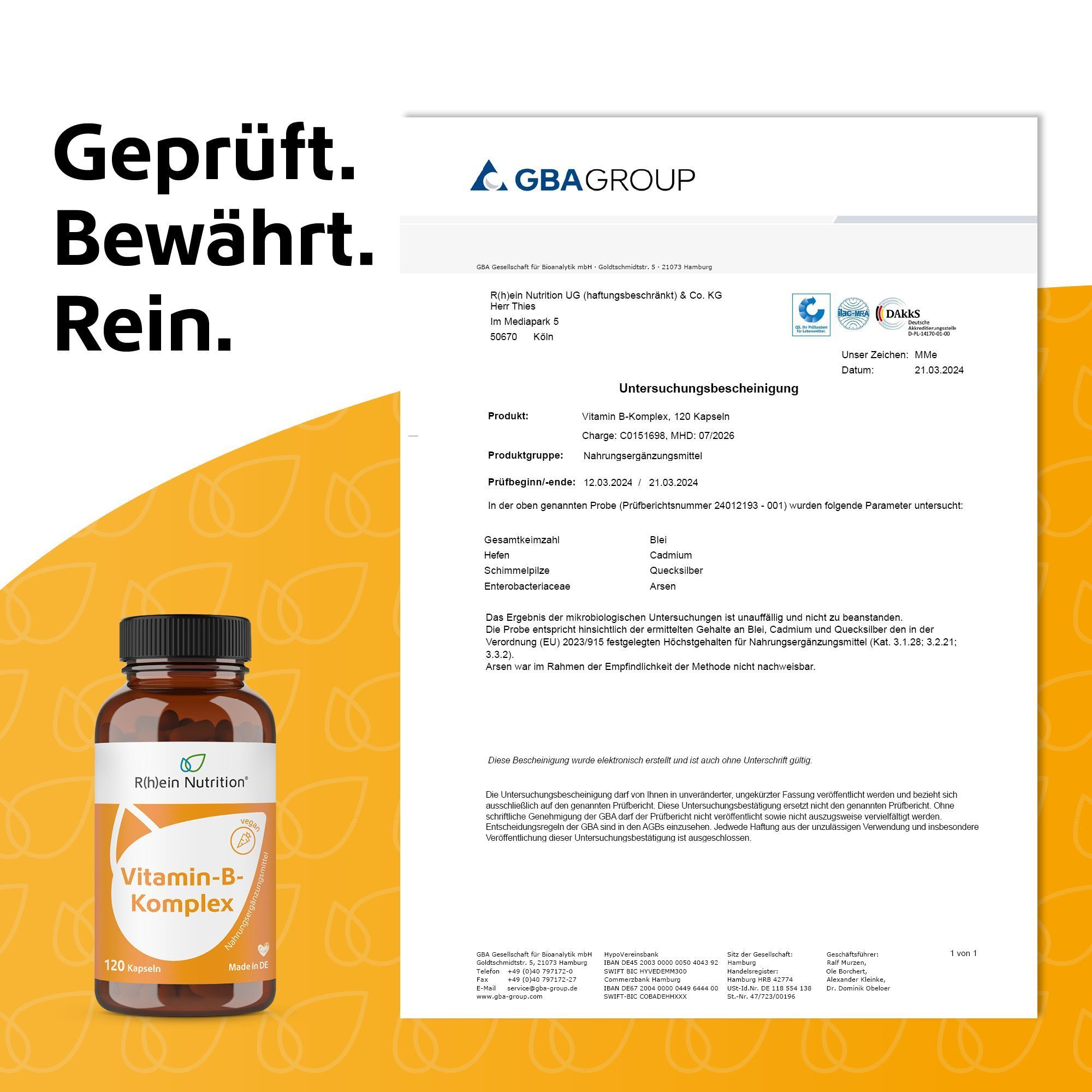 R(h)ein Nutrition Vitamin-B-Komplex Flasche neben einem Prüfbericht von GBA GROUP mit Siegeln.