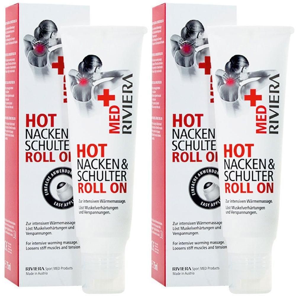 Zwei RIVIERA MED+ HOT Nacken & Schulter Roll-On Flaschen mit Schachteln. Zeigt eine Frau mit Nackenschmerzen.