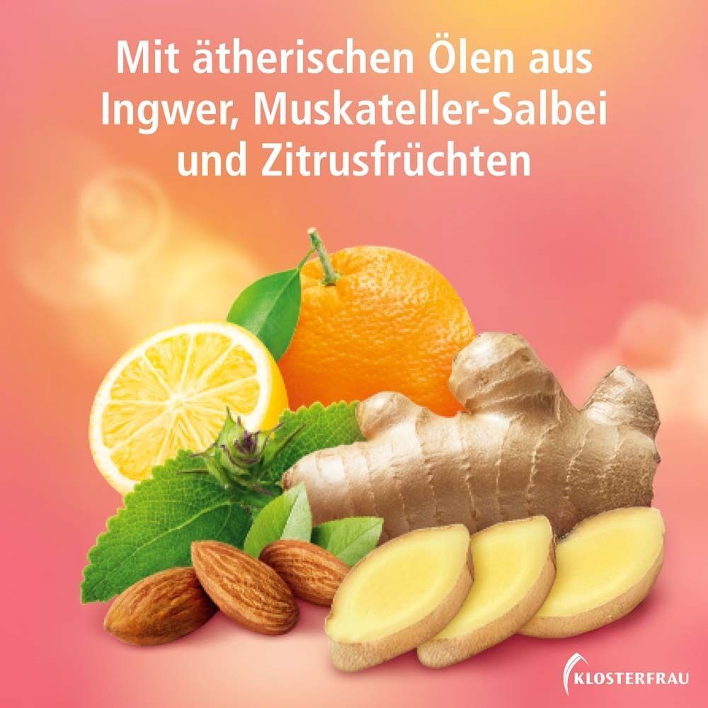 Zutaten: Ingwer, Muskateller-Salbei, Zitrusfrüchte. Illustrationen von Früchten und Gewürzen. Logo KLOSTERFRAU.