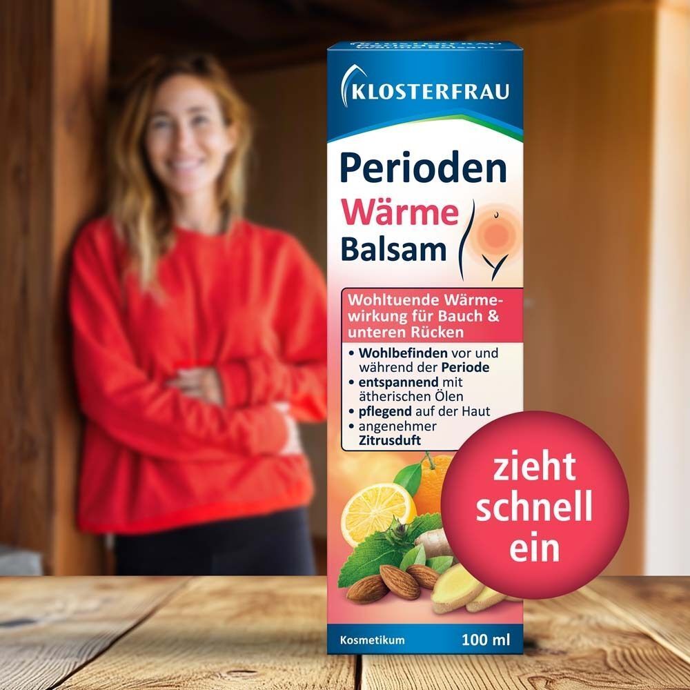 Frau mit Produkt KLOSTERFRAU Perioden Wärme Balsam. Produktverpackung mit Text und Illustrationen.