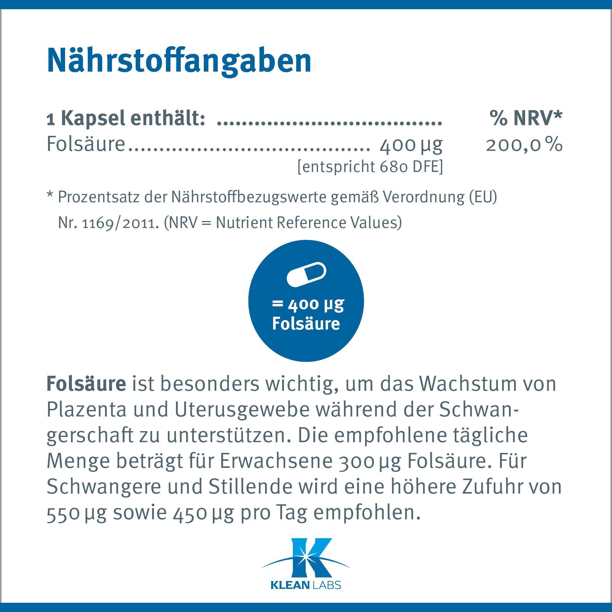 Nährstoffangaben: 1 Kapsel enthält 400 µg Folsäure. Entspricht 680 DFE. % NRV 200,0%.