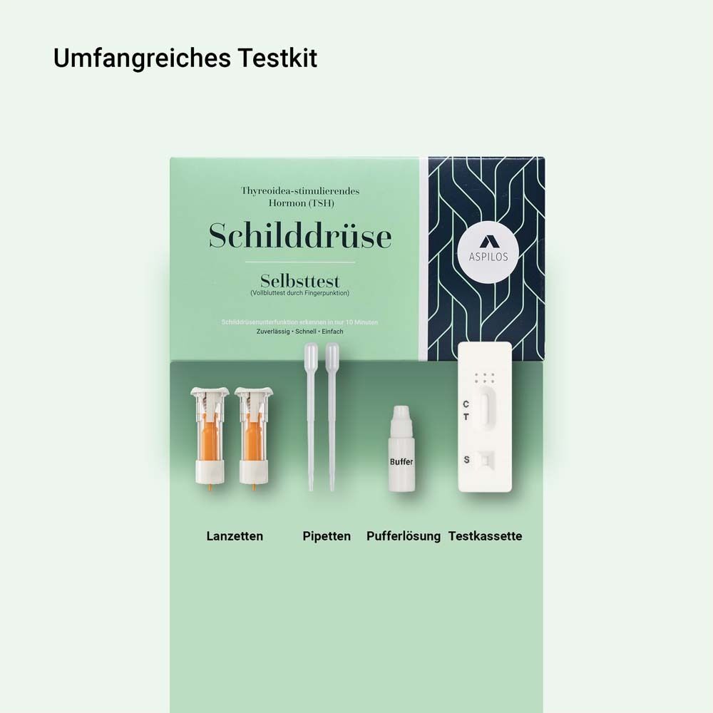 Testkit mit Testkassette, Lanzetten, Pipetten und Pufferlösung. Text: "Umfangreiches Testkit".