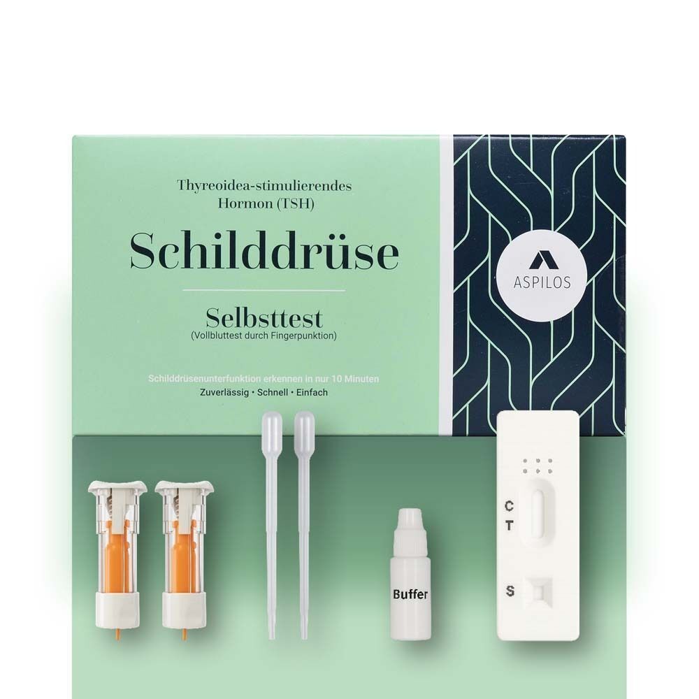 Testkit mit Testkassette, Lanzetten, Pipetten und Pufferlösung. Text: "Schilddrüse Selbsttest" und Logo "ASPILOS".