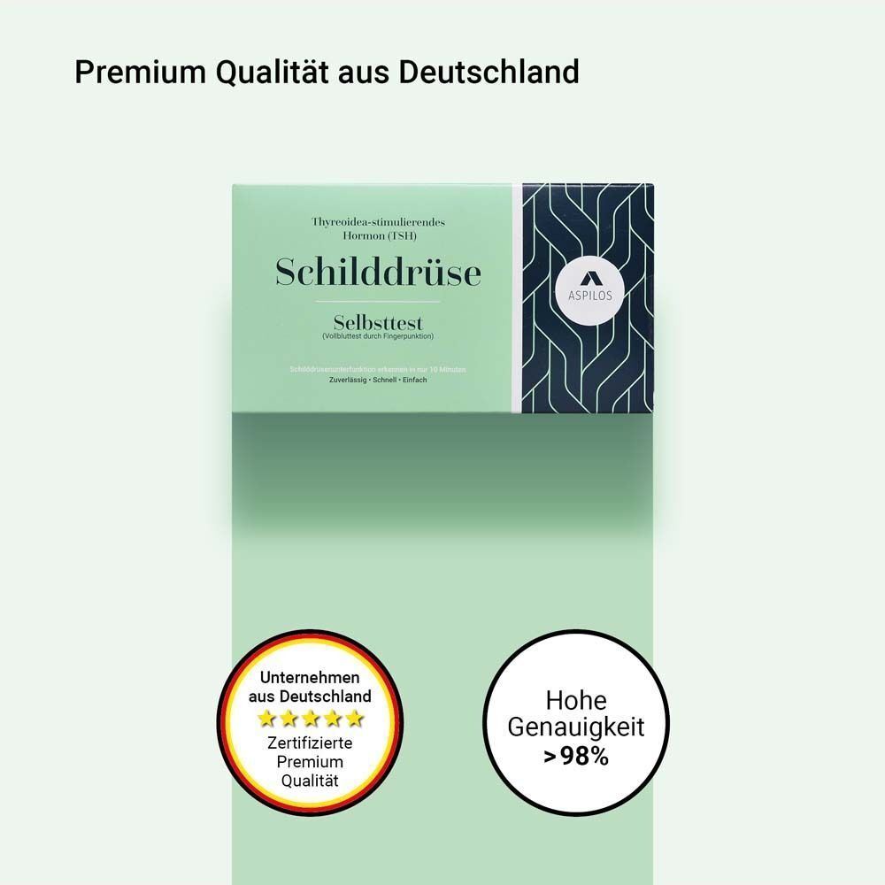 Verpackung mit Logo "ASPILOS". Text: "Premium Qualität aus Deutschland" und Qualitätszeichen.